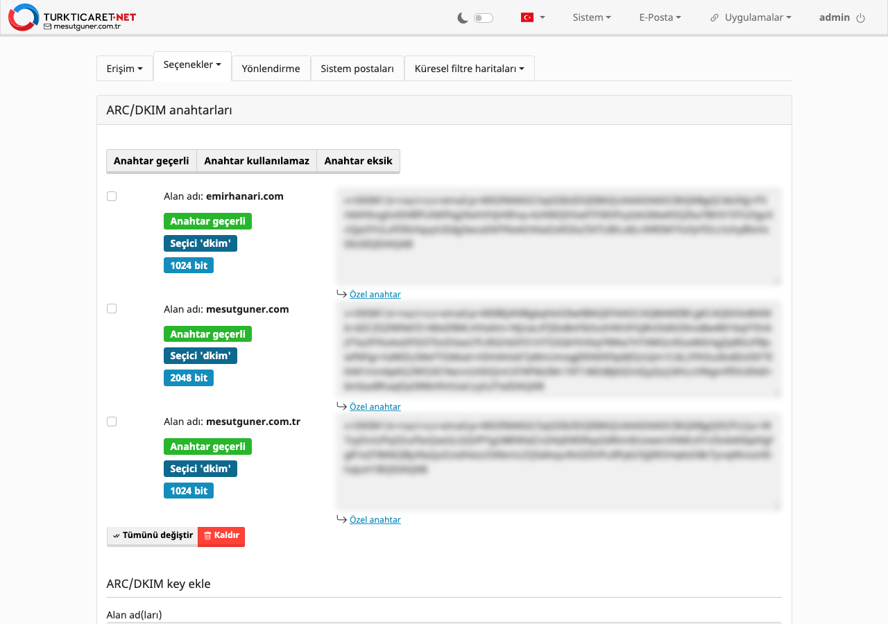 ARC/DKIM anahtarları ekranı