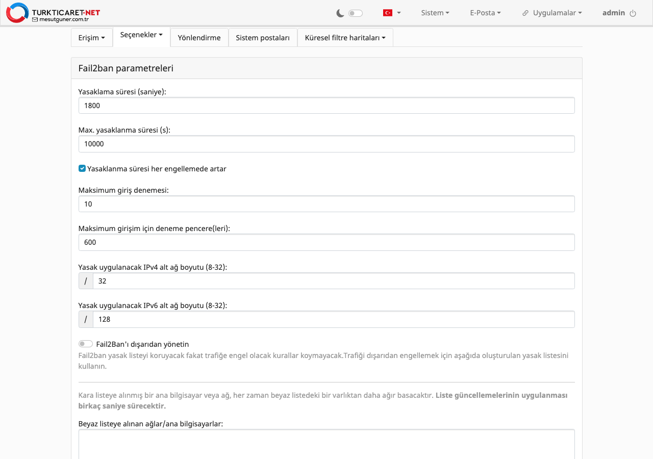 Fail2ban parametreleri ekranı